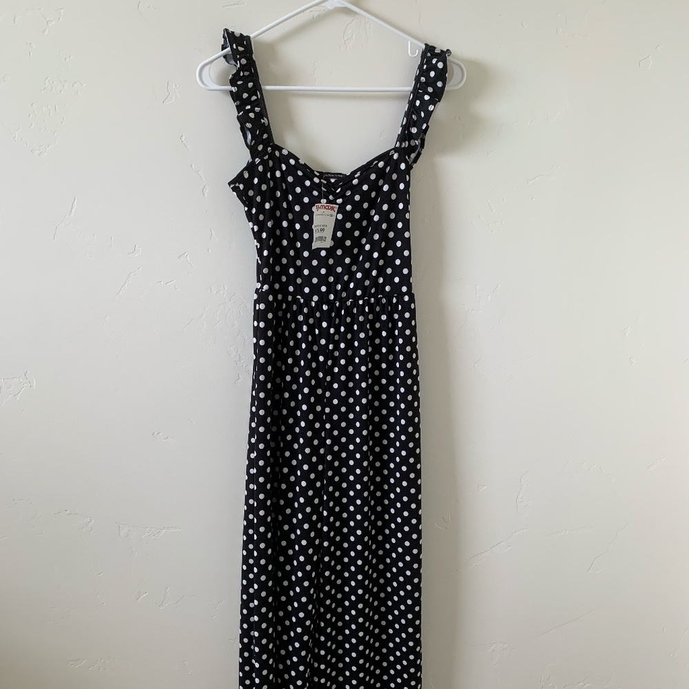 Caution to the Wind black polka dot ruffle strap jumpsuit NWT